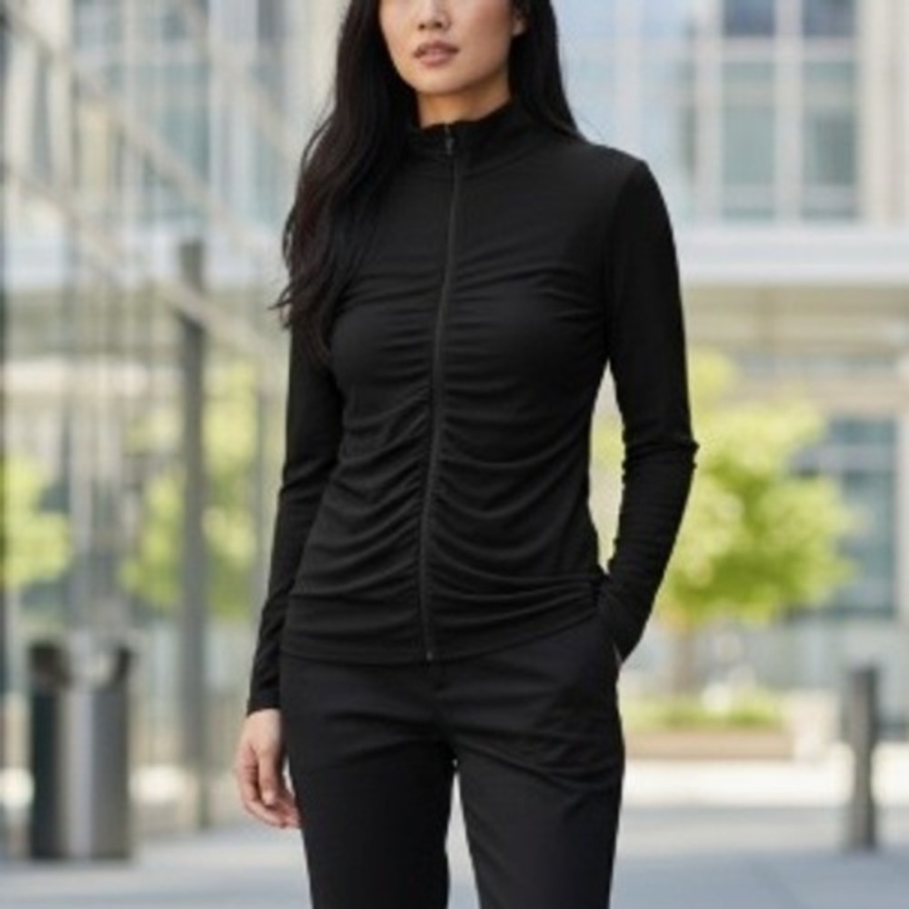 Sympli Ruched Full Zipper Mock Neck Jersey‎ Top Black Minimalist Capsule Size 6